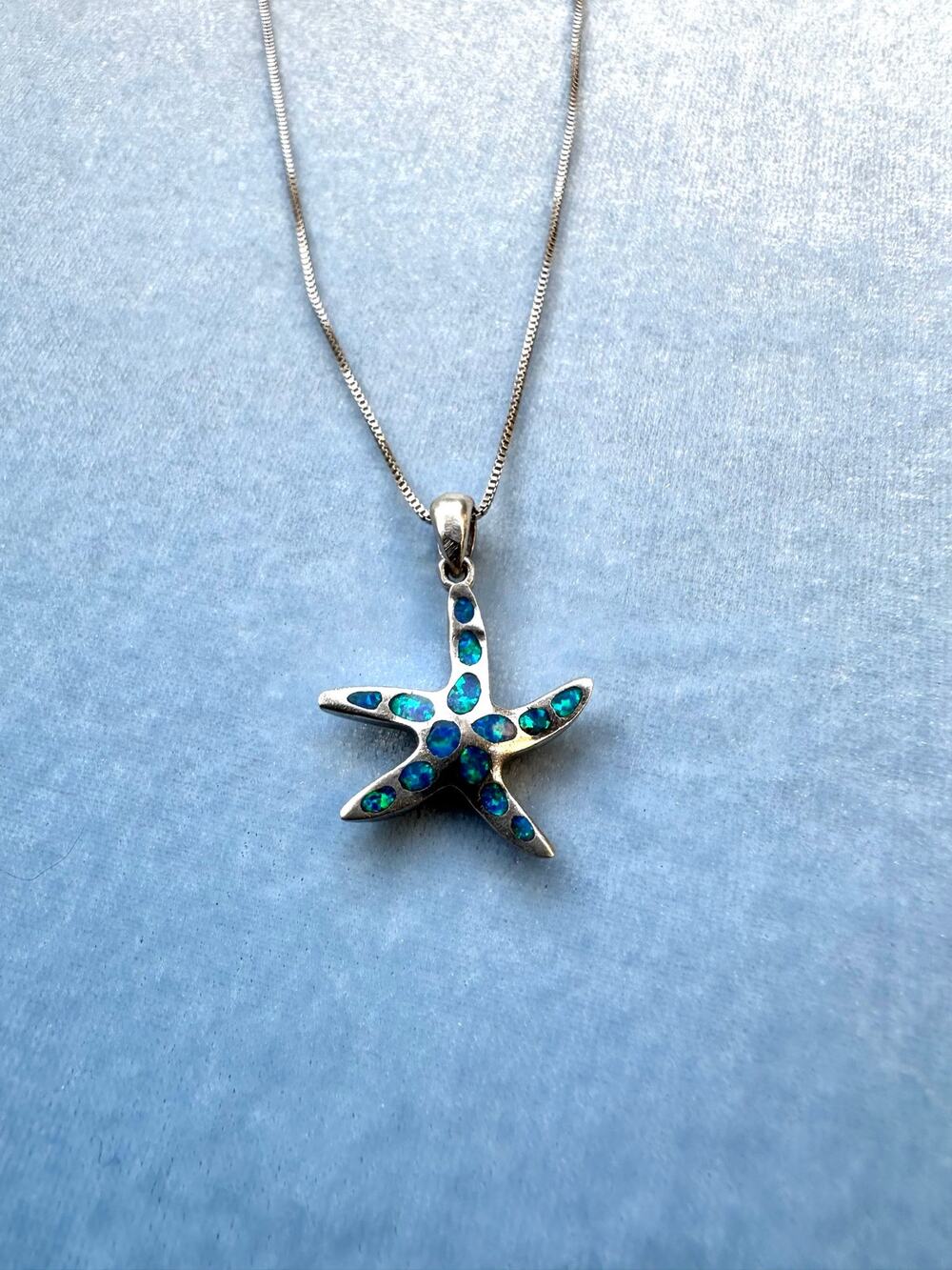 Sterling Silver Blue Opal Starfish Necklace Pendant Ocean Beach Jewelry .925